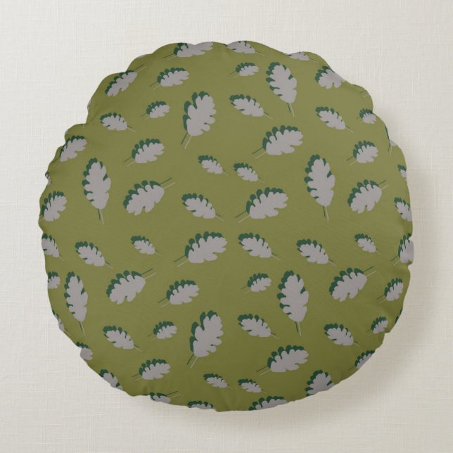 Grey autumn leaves pattern on a green background round pillow (Front)