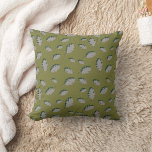 Grey autumn leaves pattern on a green background throw pillow