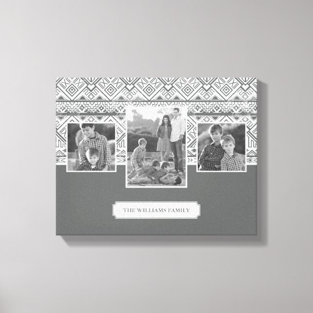 Grey Aztec Pattern | Family Photos & Text Canvas Print (Front)