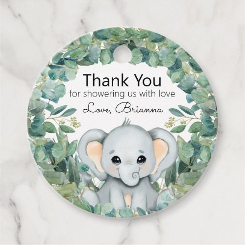 Grey Baby Elephant Greenery Baby Shower Thank You Favor Tags