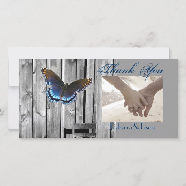 Grey Barn Wood BLue Butterfly Wedding Thank You Card (Front)