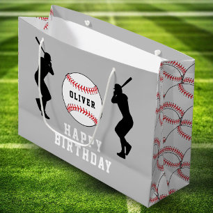 Grey Baseball Ball Player Kids Name Birthday Large Gift Bag
