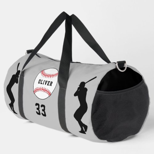 Grey Baseball Ball Player Silhouette Name Number Duffle Bag