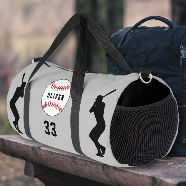 Grey Baseball Ball Player Silhouette Name Number Duffle Bag (Creator Uploaded)