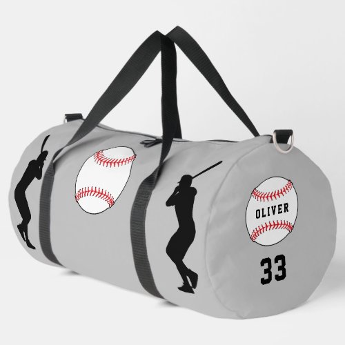 Grey Baseball Ball Player Silhouette Name Number Duffle Bag