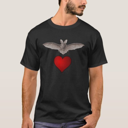 Grey Bat with Red Heart on Black Bat love T_Shirt