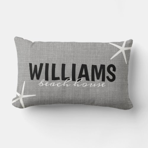 Grey beach house starfish custom name lumbar pillow
