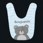 Grey bear with blue striped baby boy's bib<br><div class="desc">Bear printed baby boy's bib. Suitable for nursery or as a gift for baby shower. Personalise the text for your baby boy or as a charming gift idea.</div>