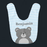 Grey bear with blue striped baby boy's bib<br><div class="desc">Bear printed baby boy's bib. Suitable for nursery or as a gift for baby shower. Personalise the text for your baby boy or as a charming gift idea.</div>