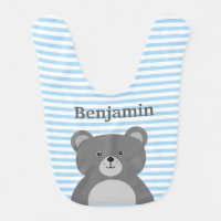 Grey bear with blue striped baby boy's bib