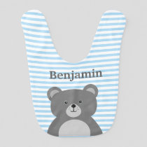 Grey bear with blue striped baby boy's bib