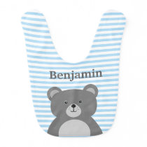 Grey bear with blue striped baby boy's bib Grey bear with blue striped baby boy's bib