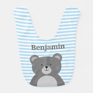 Grey bear with blue striped baby boy's bib