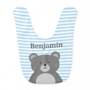 Grey bear with blue striped baby boy's bib