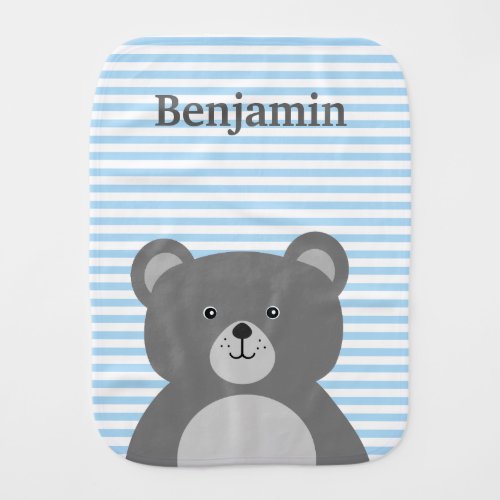 Grey bear with blue striped baby boys burp cloth