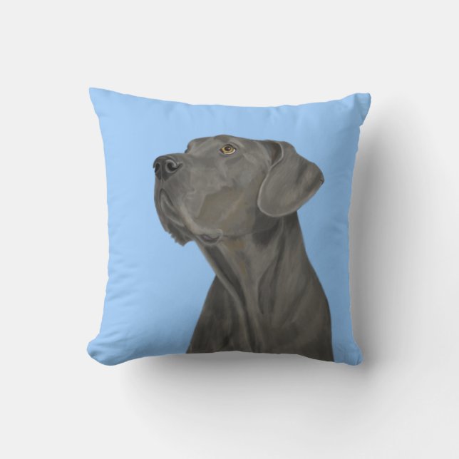 Grey Beautiful Great Dane on Blue Throw Pillow (Front)