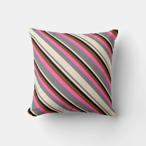 Grey Beige Black Brown and Hot Pink Pattern Throw Pillow