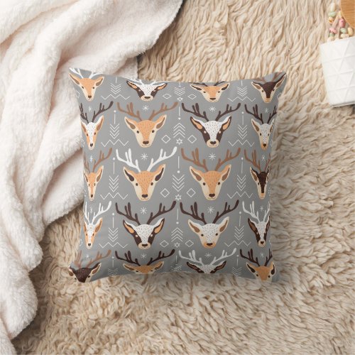 Grey Beige Deers Scandinavian Christmas Decor Throw Pillow