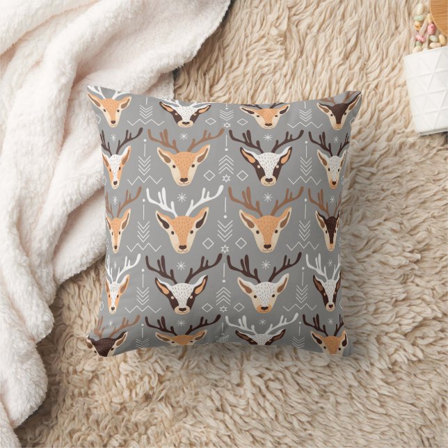 Grey Beige Deers Scandinavian Christmas Decor Throw Pillow (Blanket)