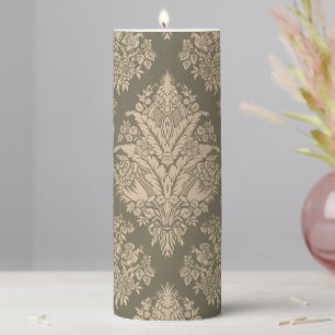 Grey Beige Lace Damask Elegant Classy Pillar Candle