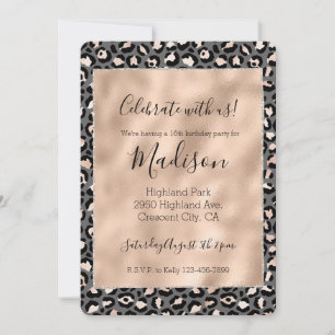 Grey Beige Peach Rose Leopard Print Invitation