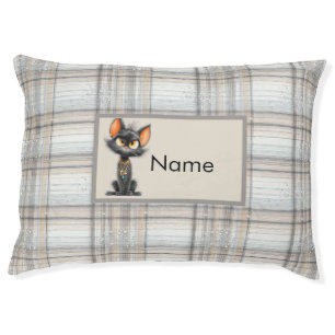 Grey Beige Plaid Pattern Black Cat Custom Name Lar Pet Bed
