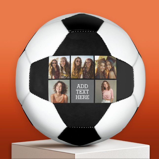 Grey Black 5 Photo Collage with Text Soccer Ball (Custom Soccer Ball)