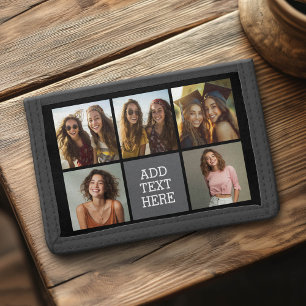 Grey Black 5 Photo Collage with Text Tri-fold Wallet
