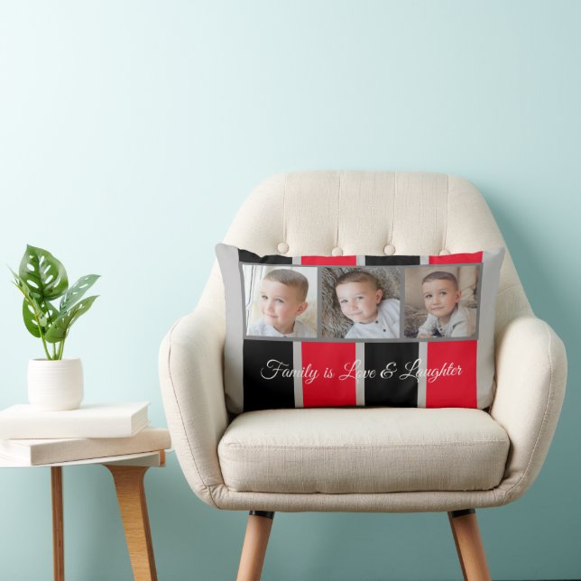 Grey black and red photo collage family striped lumbar pillow (Chair)