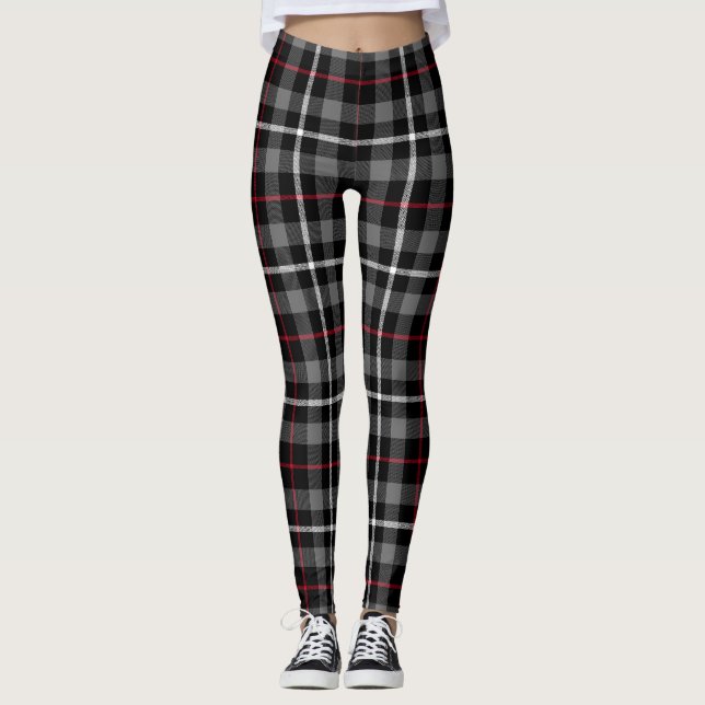 Grey Black and Red Tartan Plaid Leggings (Front)