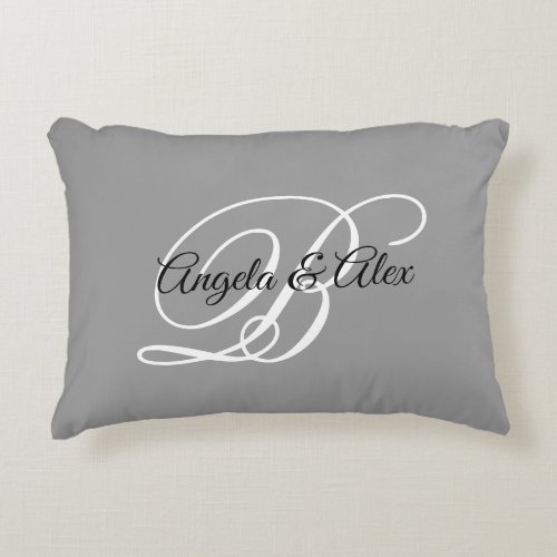 Grey Black and White Fancy Wedding Monogram Accent Pillow