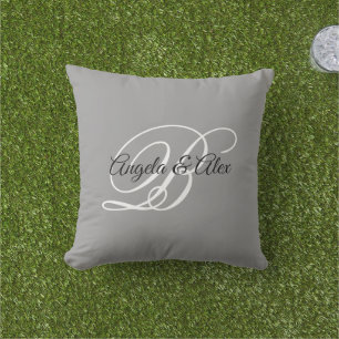 Grey Black and White Fancy Wedding Monogram Outdoor Pillow