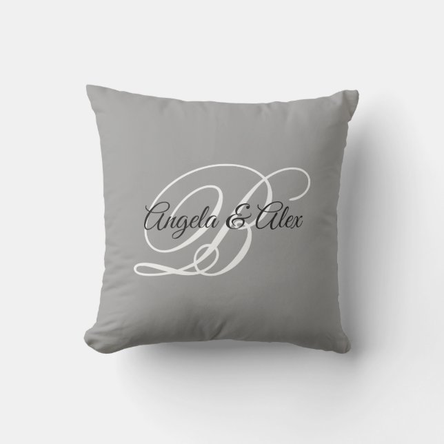 Grey Black and White Fancy Wedding Monogram Outdoor Pillow (Front)