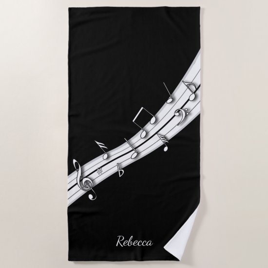 Grey black and white musical notes score beach towel