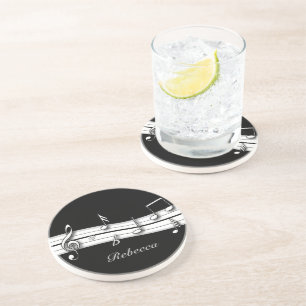 Grey black and white musical notes score coaster