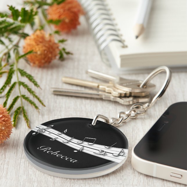 Grey black and white musical notes score keychain (Front Right)