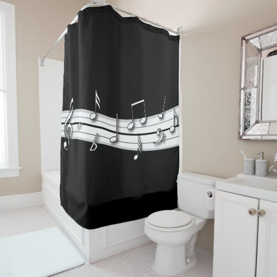 Grey black and white musical notes score shower curtain