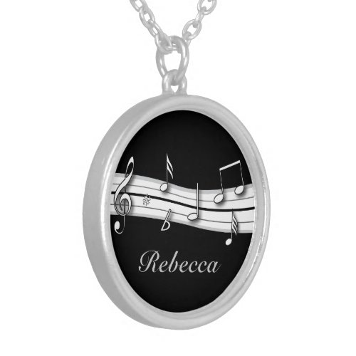 Grey black and white musical notes score silver plated necklace