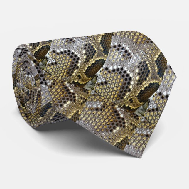 grey black beige animal pattern snake print neck tie (Rolled)