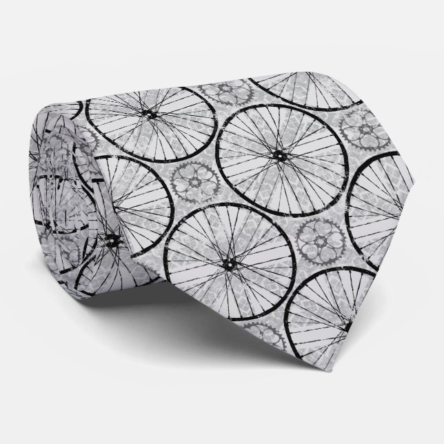 Grey Black - Bike Wheels Pattern Neck Tie (Rolled)