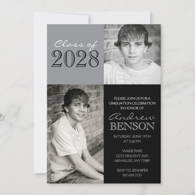 Grey & Black Classic 2 Photo Graduation Invitation (Front)