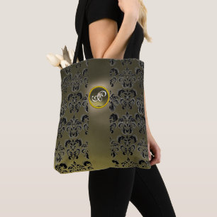 GREY BLACK DAMASK FLORAL , AGATA GEMSTONE MONOGRAM TOTE BAG