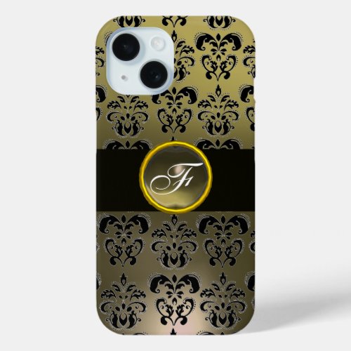 GREY BLACK DAMASK GEM STONE MONOGRAM  iPhone 15 CASE