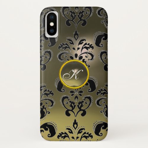 GREY BLACK DAMASK GEMSTONE MONOGRAM Floral iPhone X Case