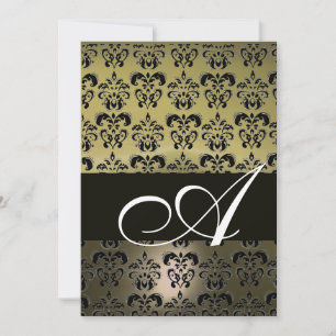 GREY BLACK  DAMASK MONOGRAM ,bright white Invitation
