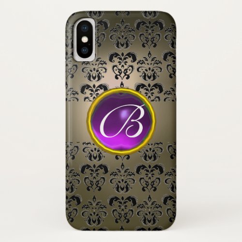 GREY BLACK DAMASK PURPLE GEM MONOGRAM iPhone X CASE