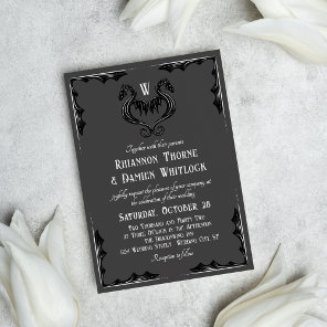 Grey Black Dragon Monogram Fantasy Wedding Invitation