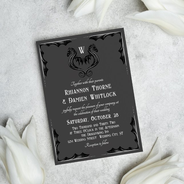 Grey Black Dragon Monogram Fantasy Wedding Invitation (Creator Uploaded)