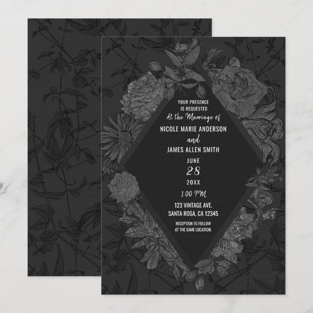 Grey Black Elegant Diamond Vintage Flowers Wedding Invitation (Front/Back)