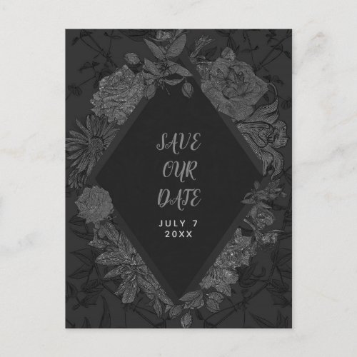 Grey Black Elegant Vintage Floral Save the Date Announcement Postcard